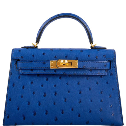 Kelly Mini II Blue Sapphire Ostrich Gold Hardware