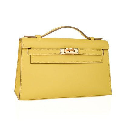 Kelly Pochette Bag Lime Clutch Gold Hardware Swift Leather