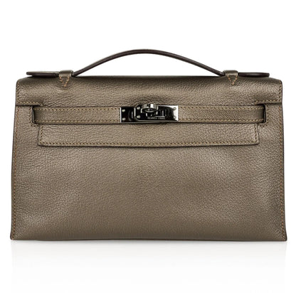 Kelly Pochette Metallic Bronze Clutch Bag Chevre Palladium