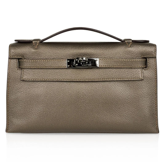 Kelly Pochette Metallic Bronze Clutch Bag Chevre Palladium