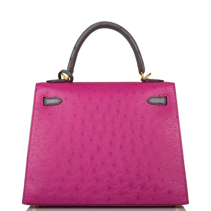 Kelly Sellier 25 Rose Pourpre and Gris Agate Ostrich Brushed Gold Hardware