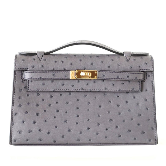 Kelly Pochette Clutch Bag Ostrich Gris Agate Gold Hardware