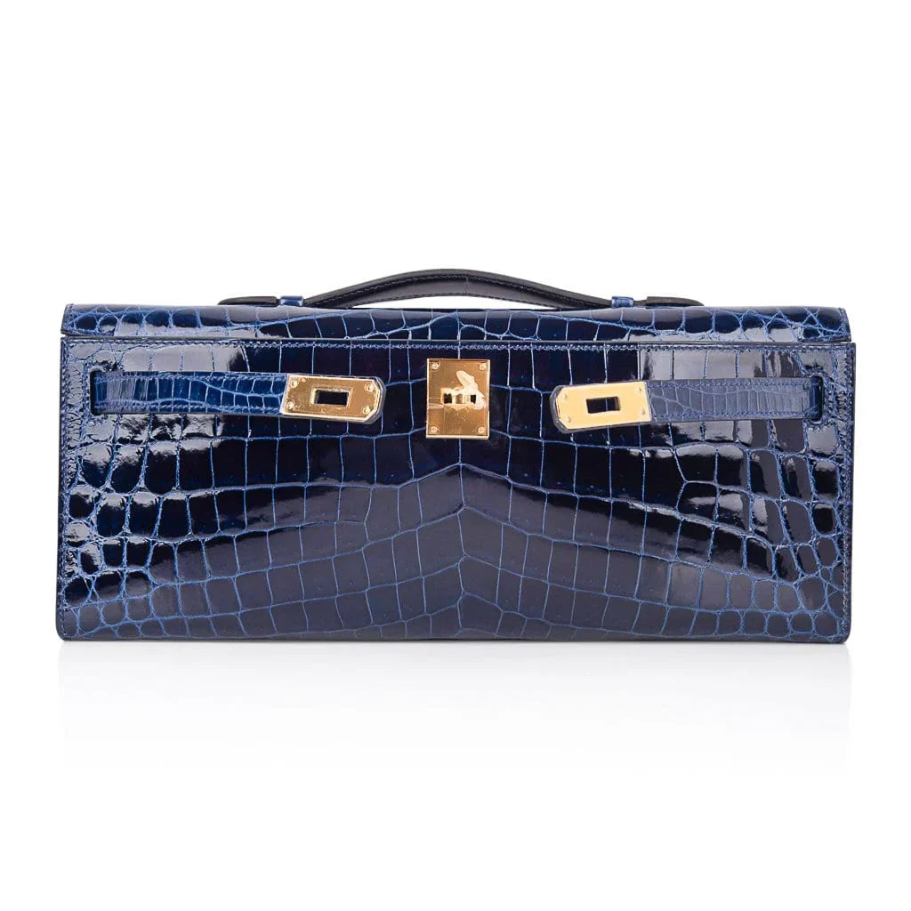 Kelly Cut Blue Sapphire Crocodile Clutch Bag Gold Hardware