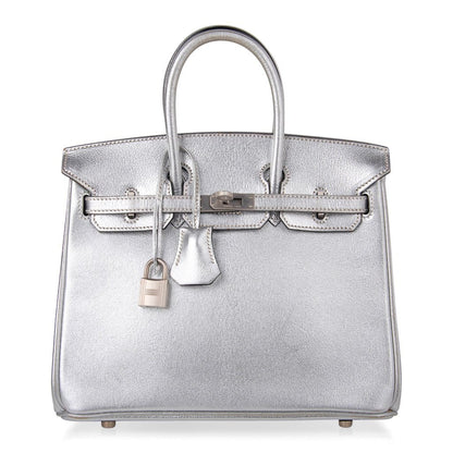 Birkin 25 Bag Metallic Silver Chevre with Brushed Palladium Hardware