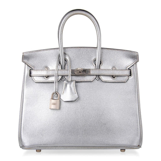 Birkin 25 Bag Metallic Silver Chevre with Brushed Palladium Hardware