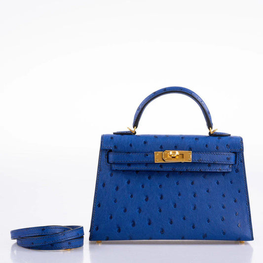 Kelly Mini II Blue Sapphire Ostrich Gold Hardware