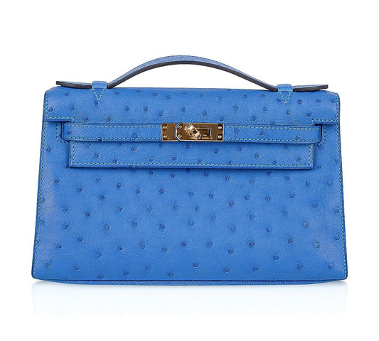 Kelly Pochette Bag Bleuet Ostrich Clutch Gold Hardware