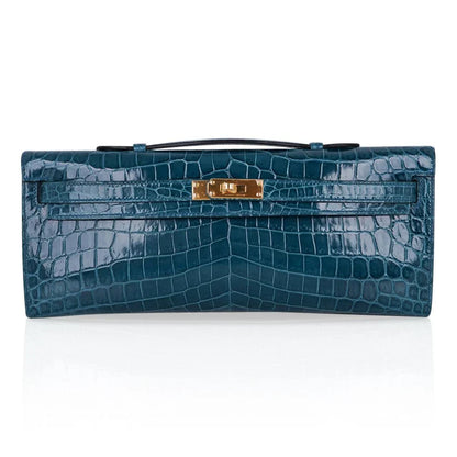 Kelly Cut Bag Blue Colvert Crocodile with Gold Hardware