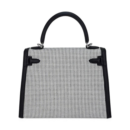 Kelly 25 Sellier Bag Quadrille Black & White Viking Toile Swift Leather with Palladium Hardware
