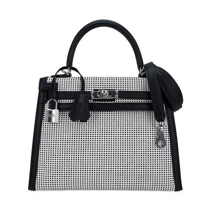 Kelly 25 Sellier Bag Quadrille Black & White Viking Toile Swift Leather with Palladium Hardware