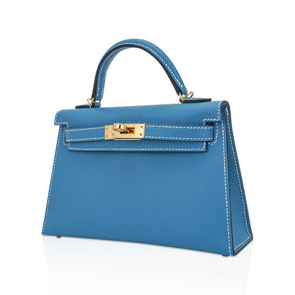 Mini Kelly 20 Bag Sellier New Blue Jean Epsom Leather with Gold Hardware