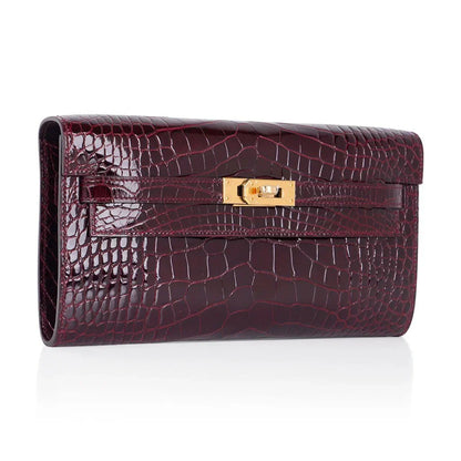 Kelly Classique To Go Wallet Bordeaux Alligator Gold Hardware New w/Box