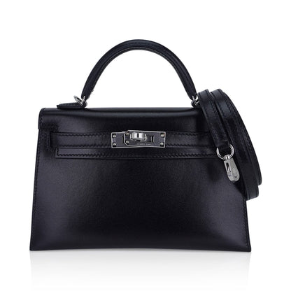 Kelly 20 Sellier Black Box Leather Mini Bag Palladium Hardware
