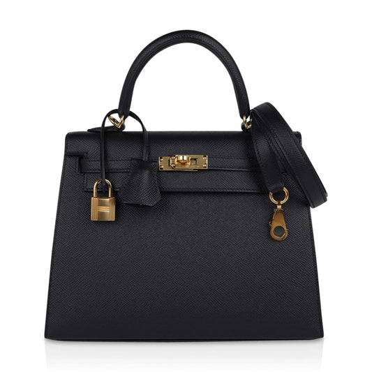 Kelly Sellier 25 Bag Black Epsom Gold Hardware New