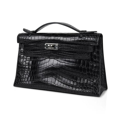 Kelly Pochette Bag Matte Black Crocodile Clutch Palladium