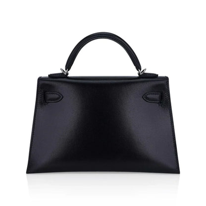 Kelly 20 Sellier Black Box Leather Mini Bag Palladium Hardware