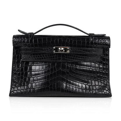 Kelly Pochette Bag Matte Black Crocodile Clutch Palladium